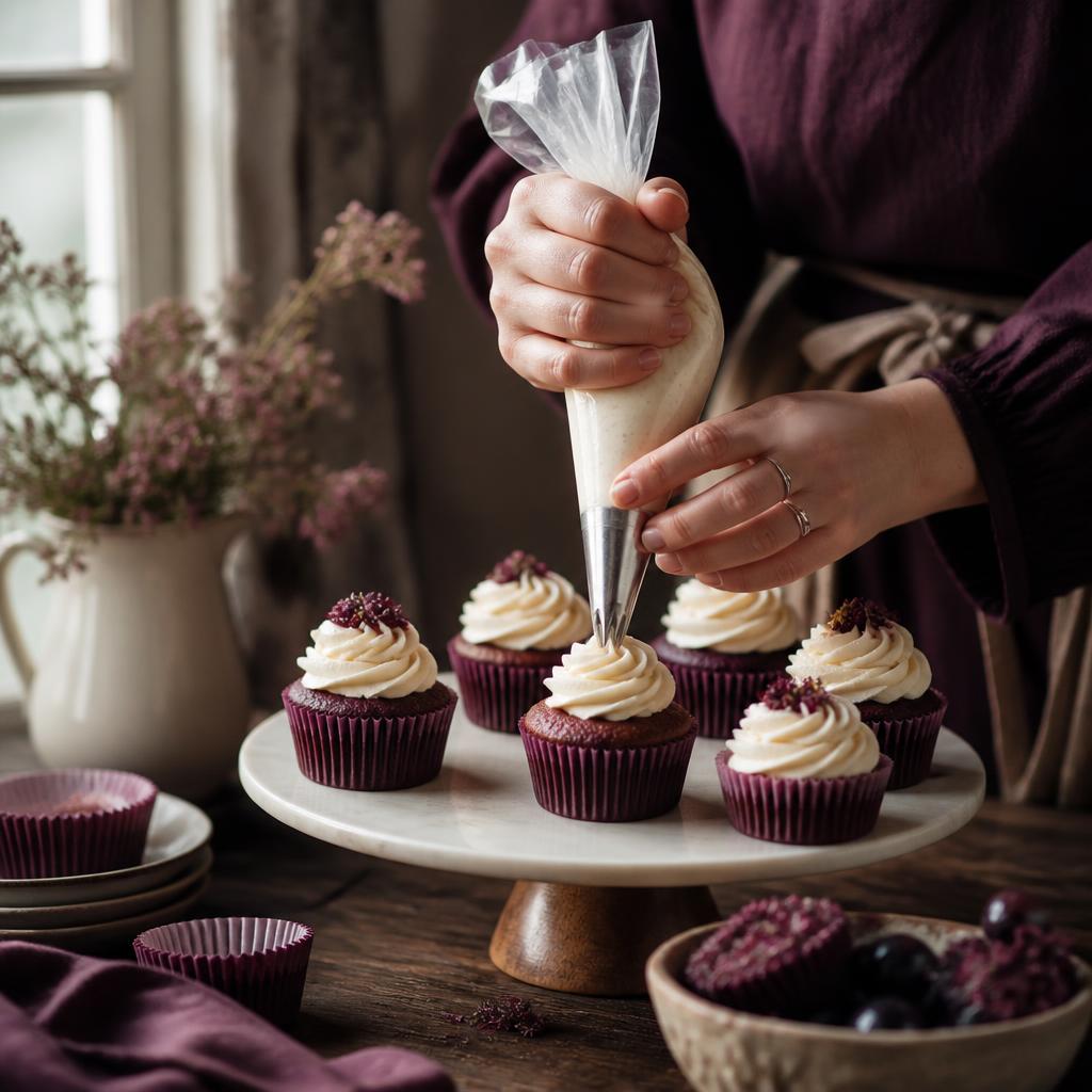Repostera decorando cupcakes con manga pastelera