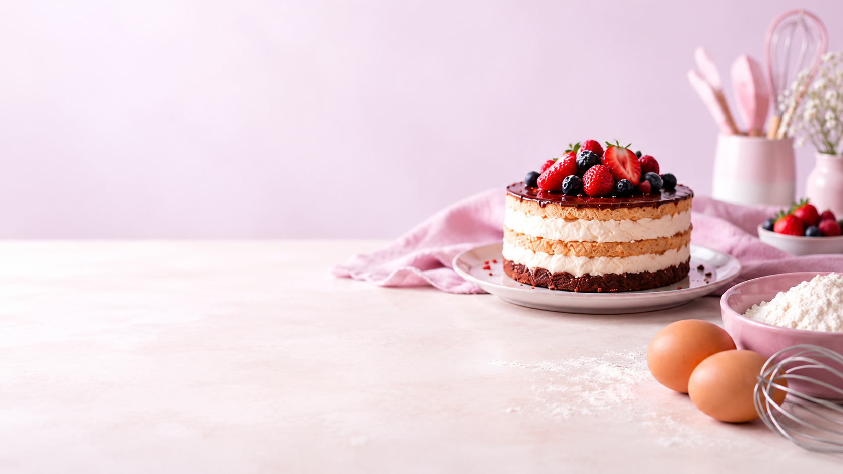 Torta de chocolate con frutos rojos en una mesa de repostería